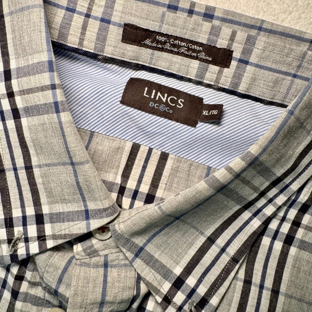 LINCS DC & Co Mens XL Grey Plaid Button Down Shirt 100% Cotton Long‎ Sleeve